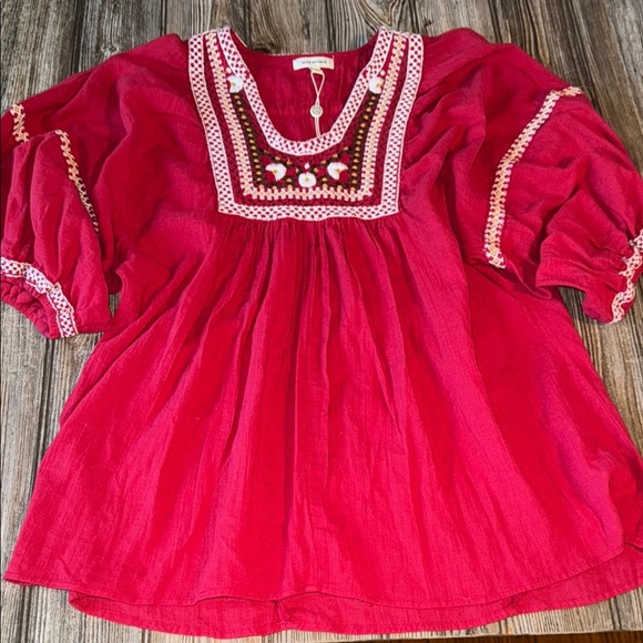 Max Studio shirt peasant style boho Red Embroidered short sleeve cotton NEW S - Picture 1 of 6